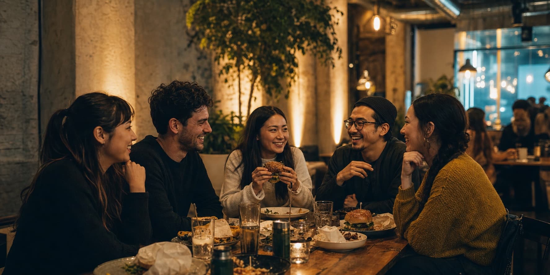 New friends sharing burgers at a Burger Club table